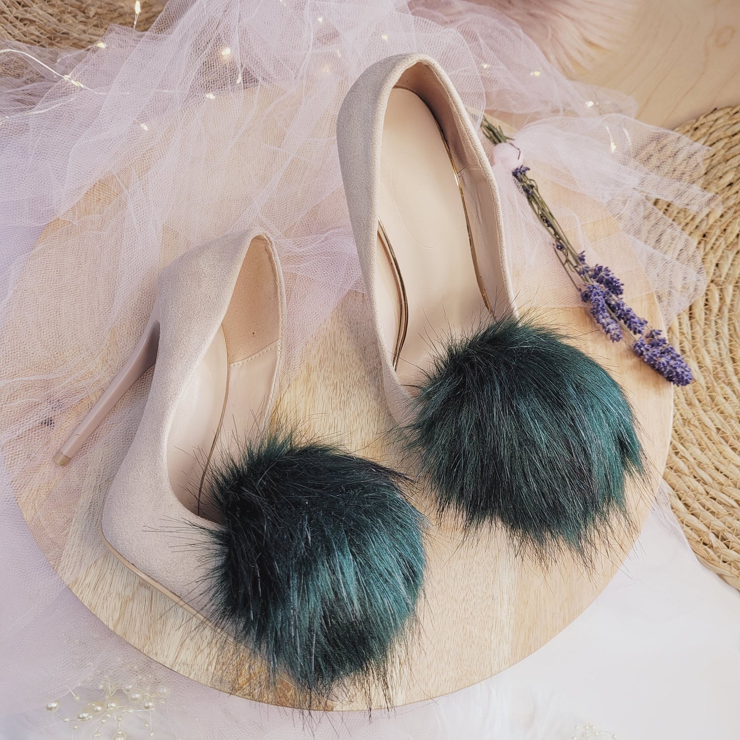 Bottle green Pom Pom Shoe Clips, Fur Shoe Clips, Faux Fur accessories for Shoes, pom poms