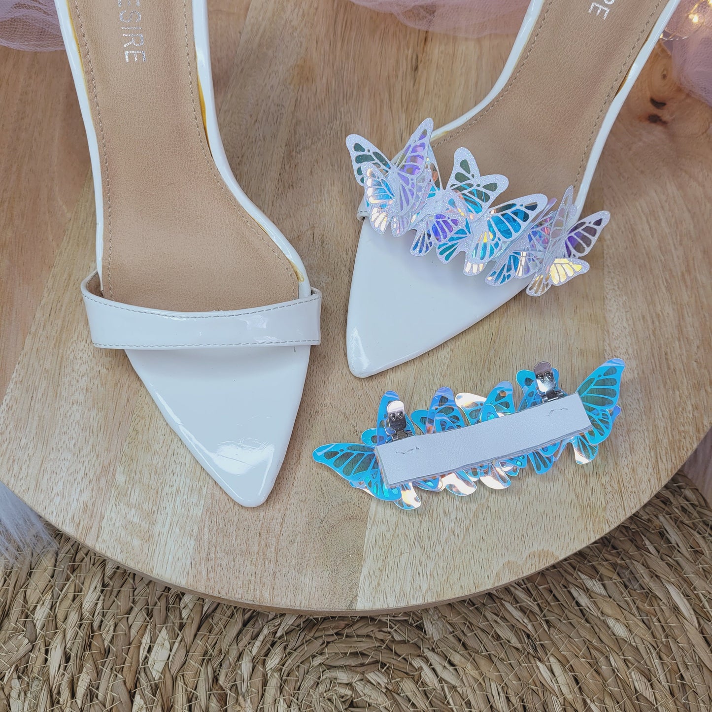 Opal Butterfly Garland Shoe Clips, White Glitter Butterflies, wedding shoe clips, bridal shoe clips,  bride shoes