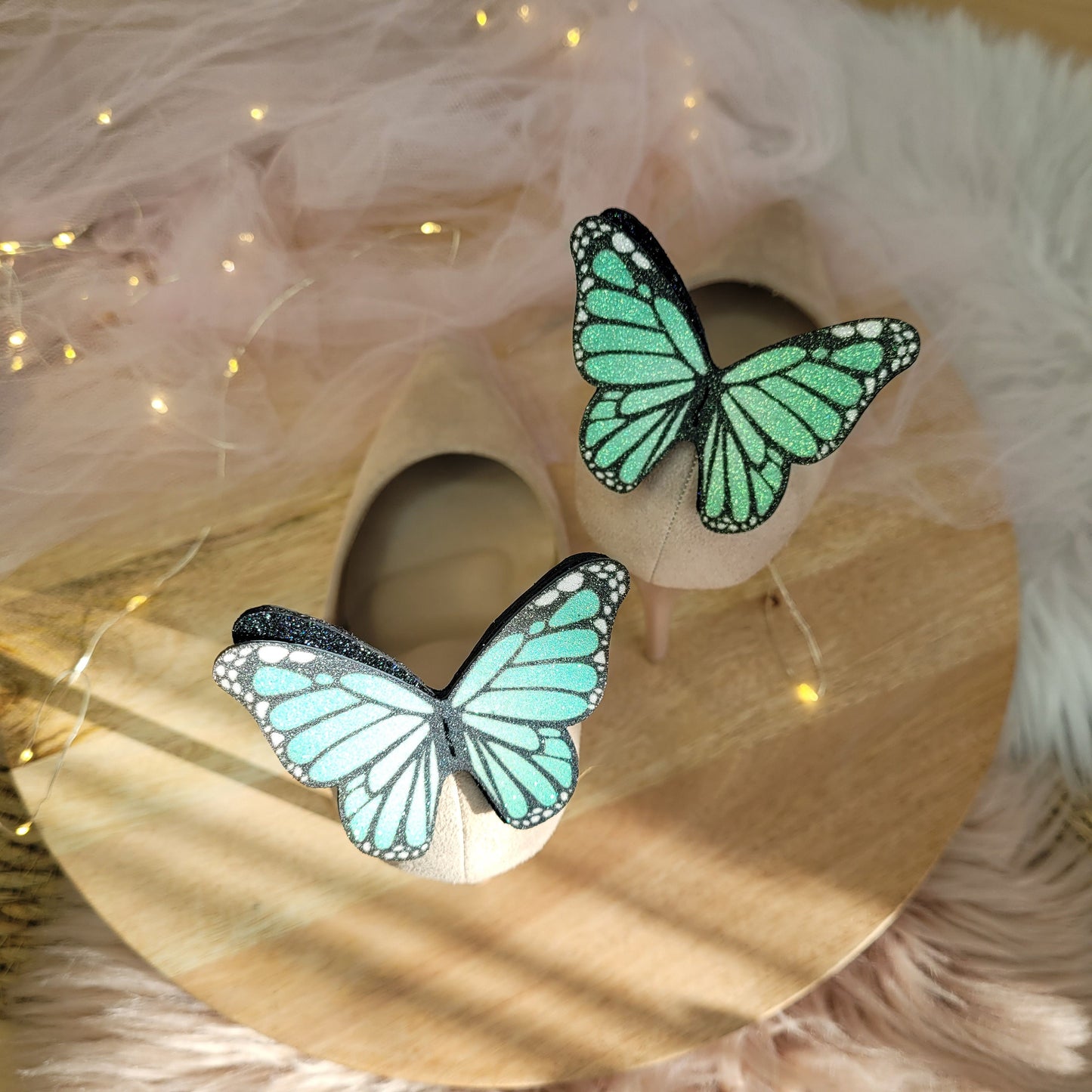 Butterfly shoe clips, Pastel Mint glitter butterflies, Bride shoe clips, wedding shoe, green butterfly, butterfly wings, Ombre buttrfly