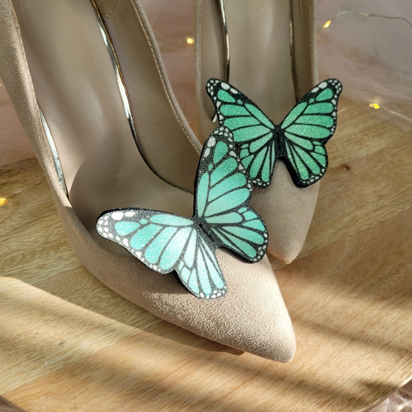 Butterfly shoe clips, Pastel Mint glitter butterflies, Bride shoe clips, wedding shoe, green butterfly, butterfly wings, Ombre buttrfly