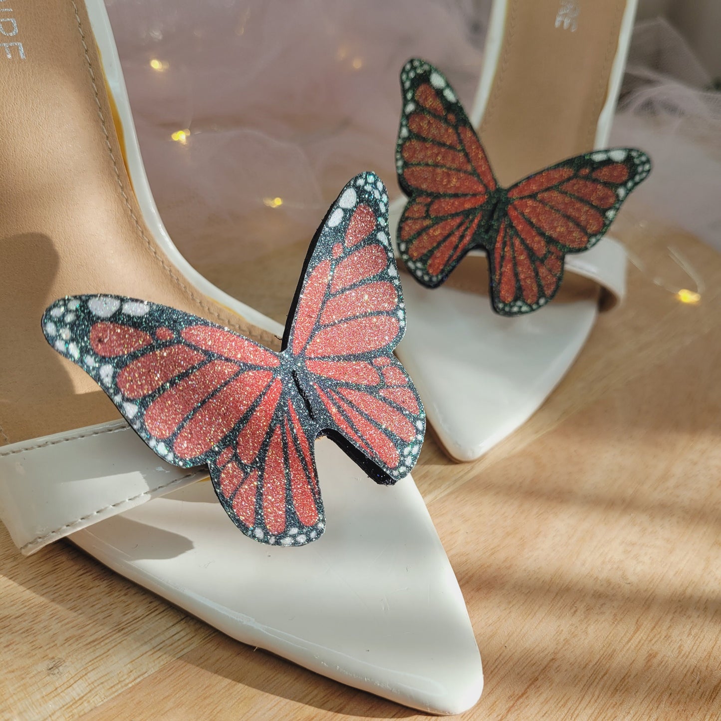 Butterfly shoe clips, Red monarch glitter butterflies, Bride shoe clips, wedding shoe, red butterfly, butterfly wings, monarch buttrfly