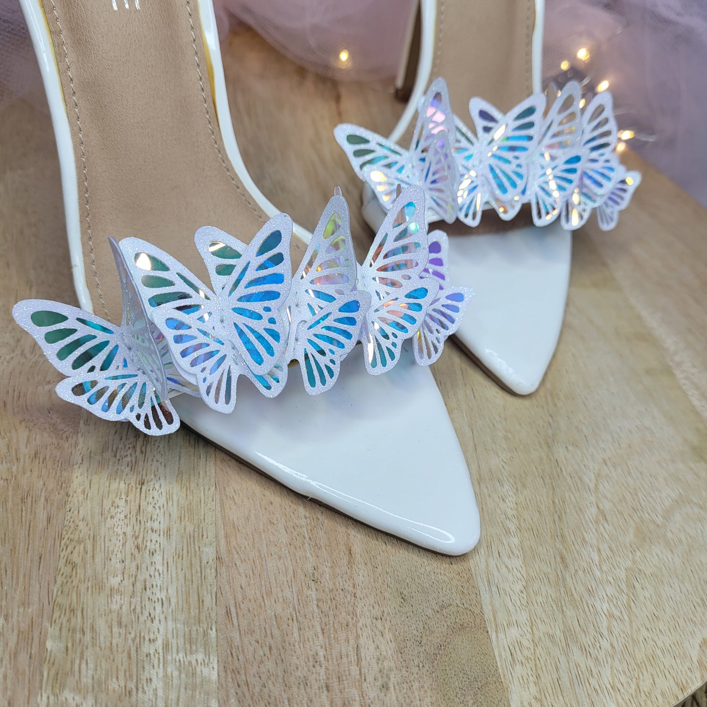 Opal Butterfly Garland Shoe Clips, White Glitter Butterflies, wedding shoe clips, bridal shoe clips,  bride shoes