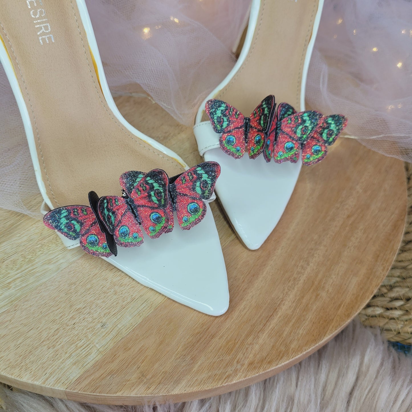 Red Peacock Butterflies Shoe Clips, Glitter Butterflies, wedding shoe clips, bridal shoe, butterfliy shoes, bridesmaid gift, wedding shoe